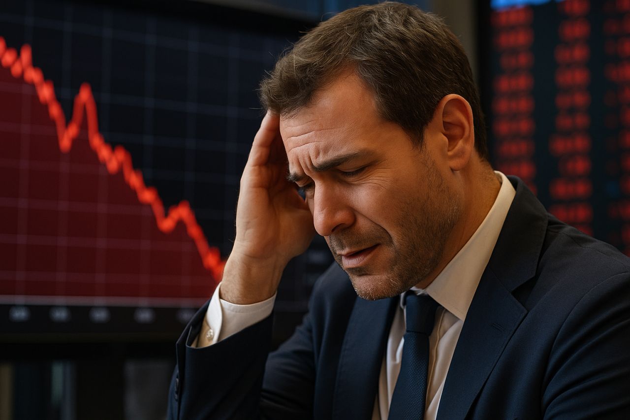 Un uomo di mezza età di profilo. Sullo sfondo un grafico finanziario in rosso