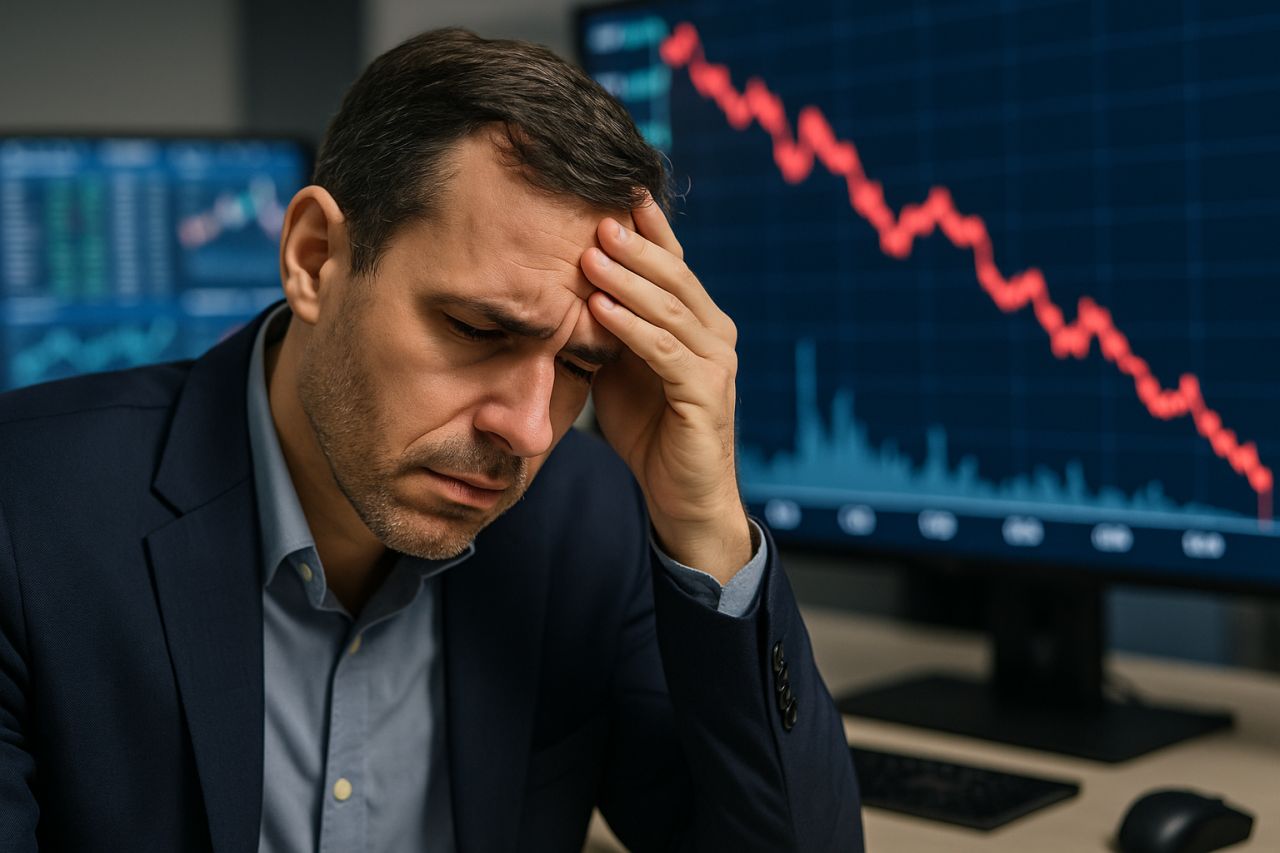 Primo piano di un uomo con la mano sulla fronte e l'aria preoccupata. Sullo sfondo un grafico finanziario in discesa