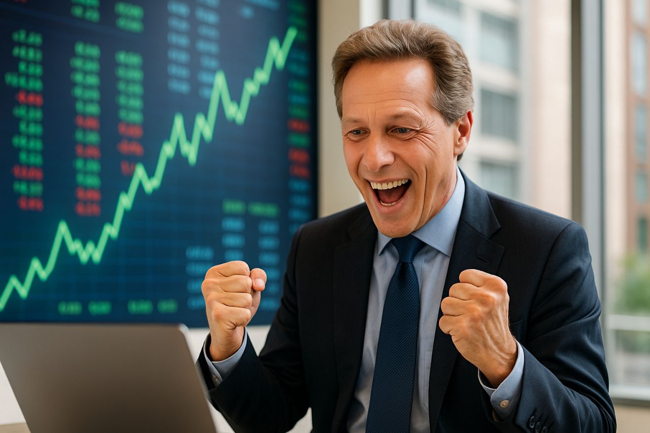 Primo piano di un investitore che esulta. Sullo sfondo un grafico finanziario