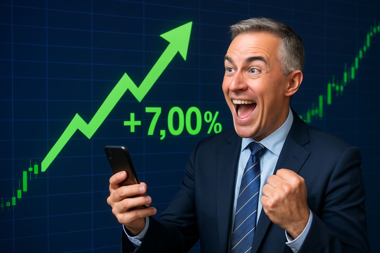 Primo piano di un investitore esultante. Sullo sfondo un grafico in verde con la scritta 7% e una freccia verso l'alto