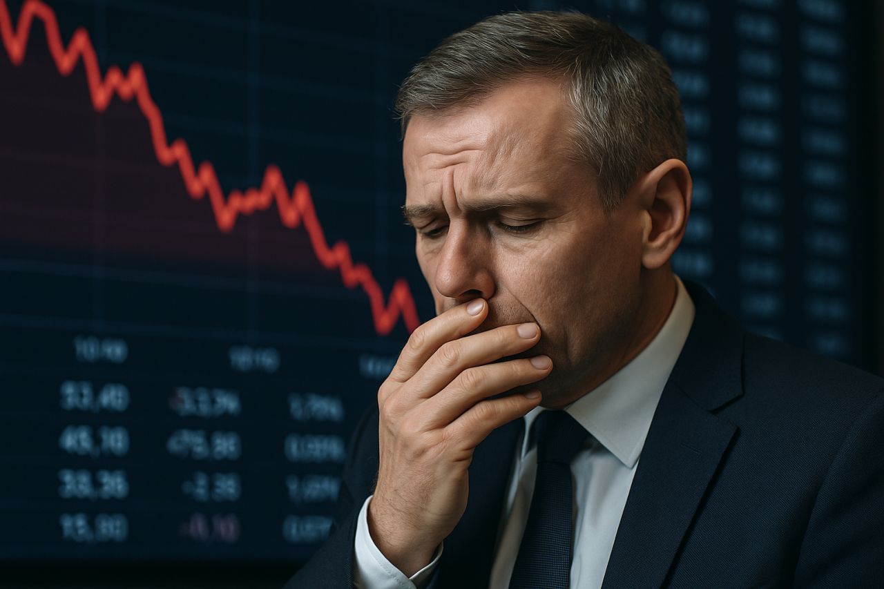 Primo piano di un uomo in giacca e cravatta con dei grafici finanziari alle spalle