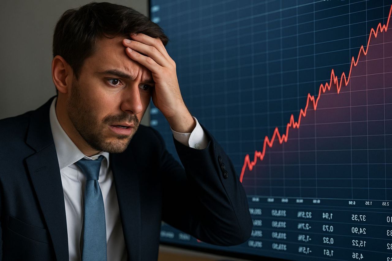 Un investitore con la mano sulla fronte e un grafico finanziario alle sue spalle