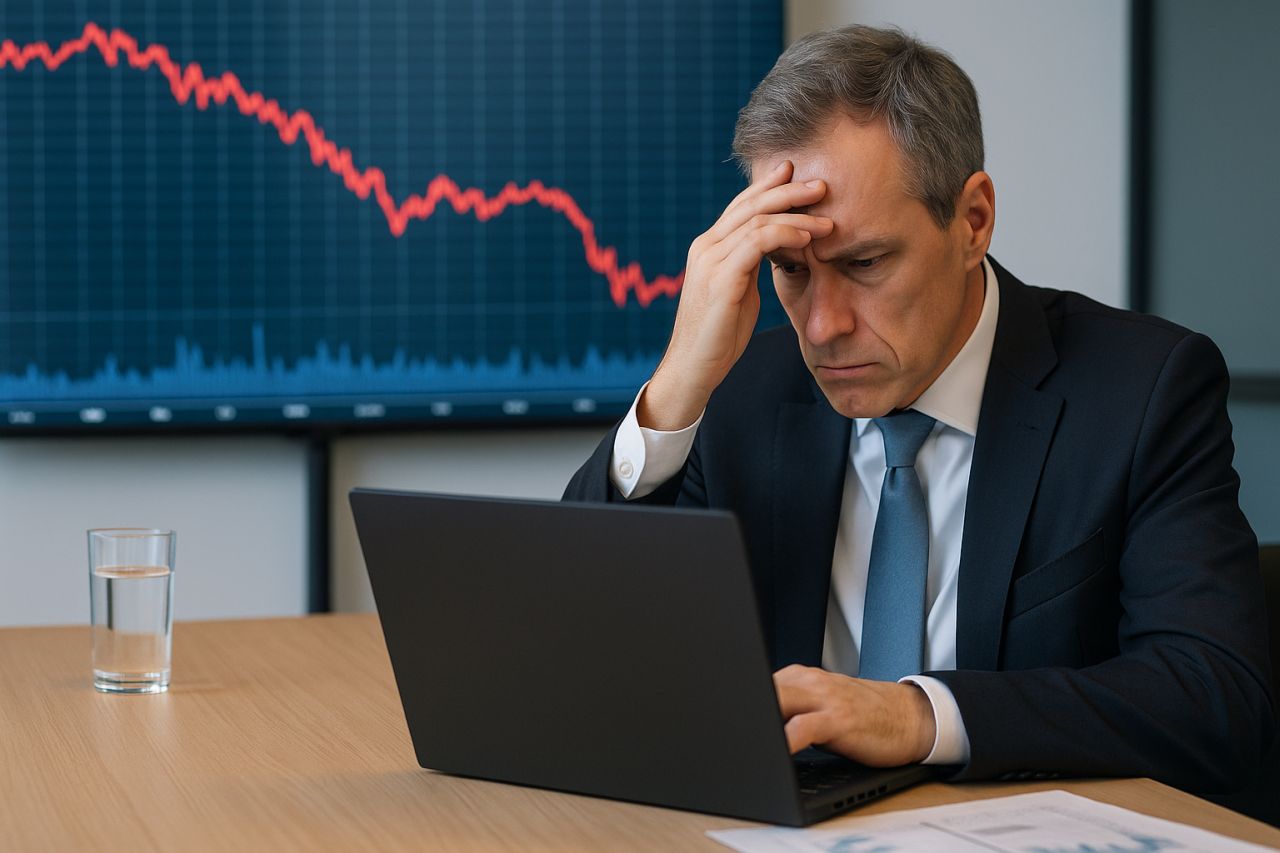Primo piano di un uomo in giacca e cravatta che osserva lo schermo del suo laptop. Alle sue spalle un grafico finanziario in discesa