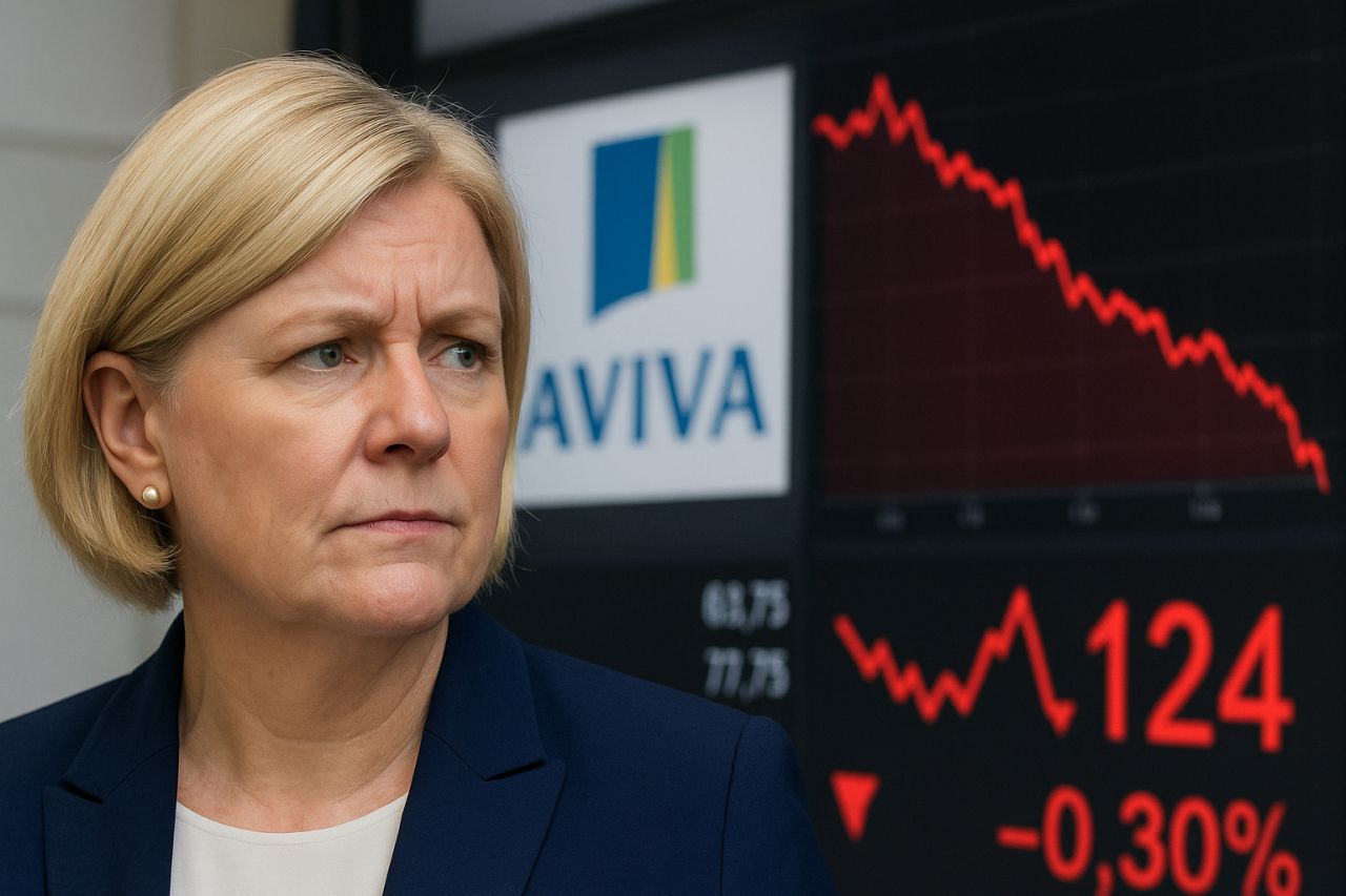 primo piano di una donna di mezza età con un grafico finanziario e il logo di Aviva alle spalle