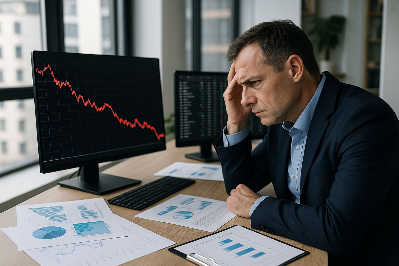 Un uomo seduto a una scrivania mentre osserva un grafico in discesa sullo schermo del pc