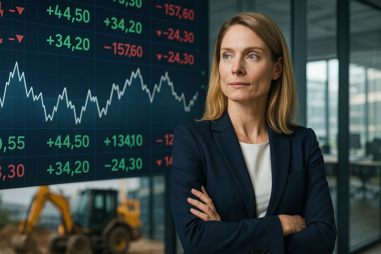 Primo piano di una donna con le braccia conserte. Sullo sfondo dei grafici finanziari