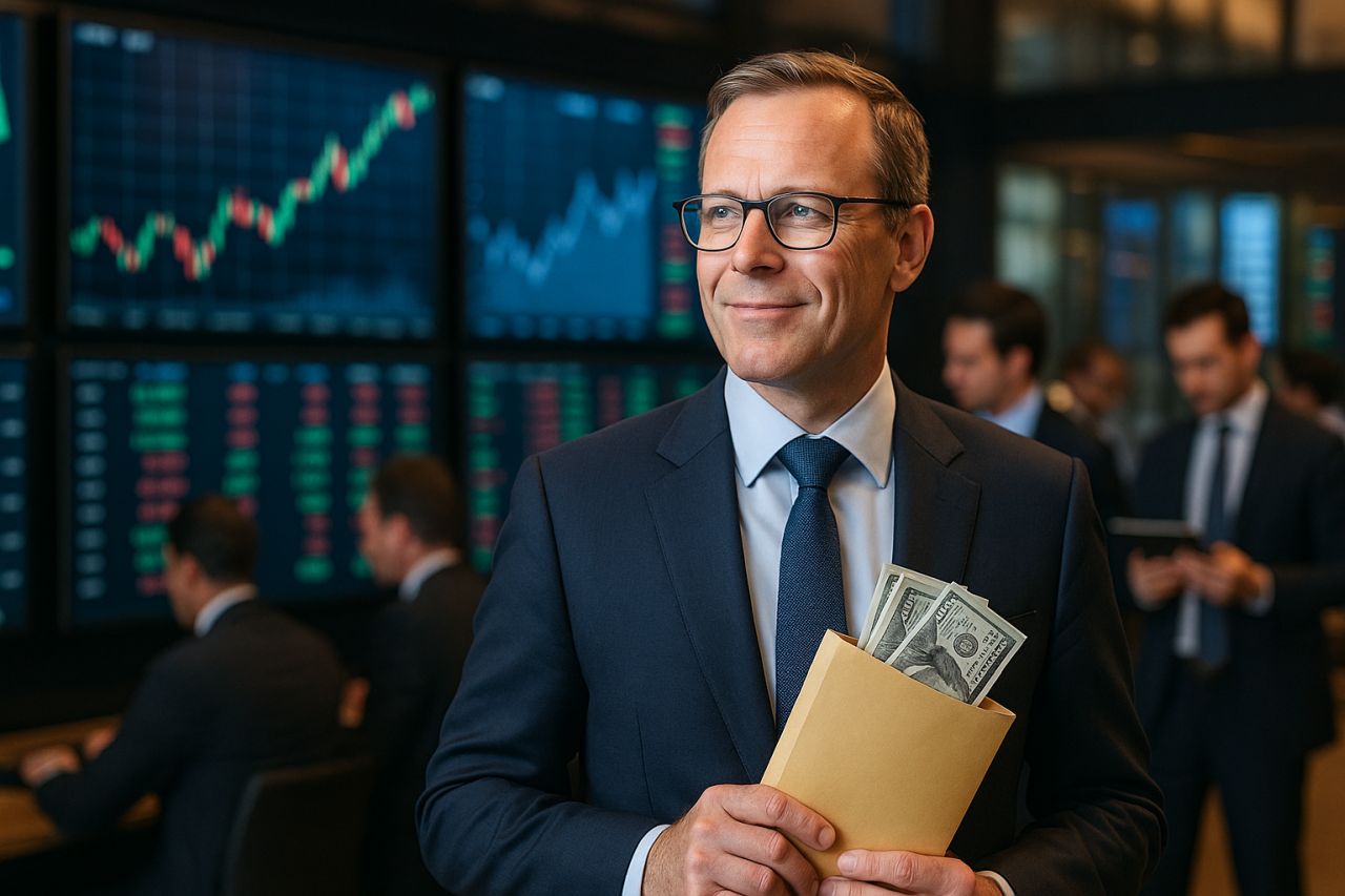 Un uomo in giacca e cravatta con grafici finanziari alle sue spalle