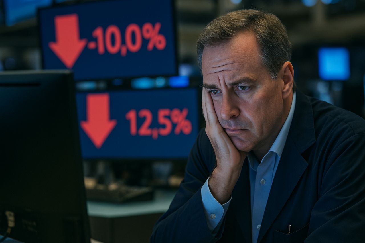 Primo piano di un trader con la guancia appoggiata sul palmo della mano. Sullo sfondo alcuni schermi che indicano titoli in ribasso