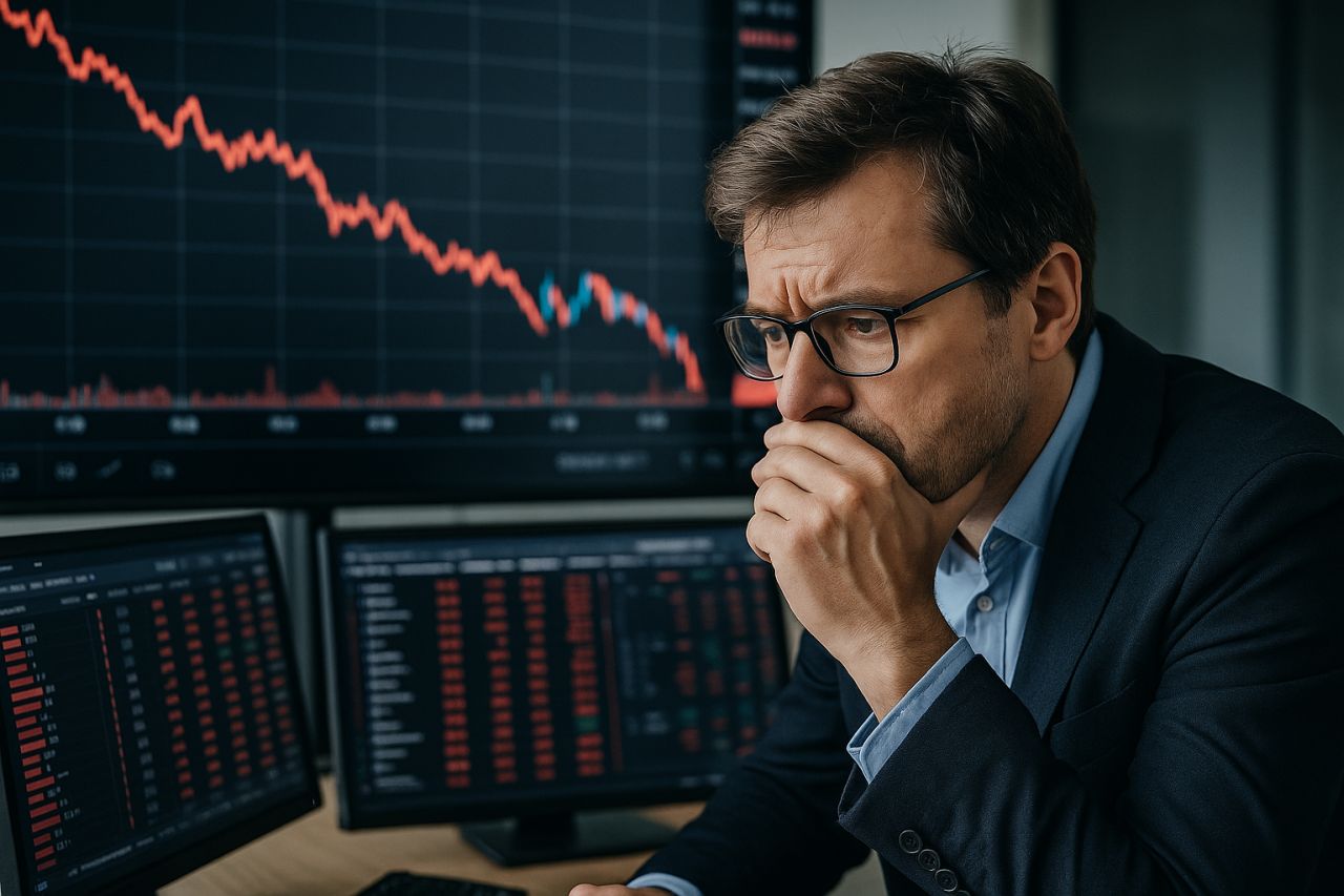 Diversi schermi con grafici finanziari. In primo piano un uomo che osserva qualcosa con attenzione