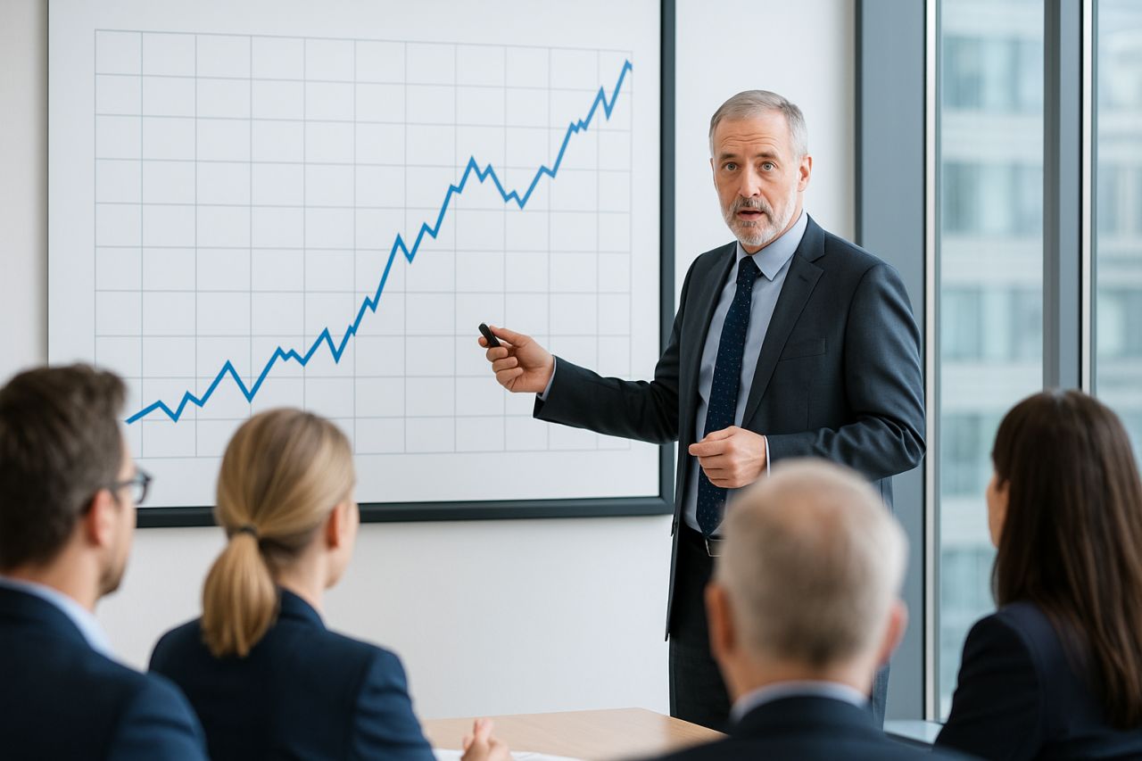 Un uomo in giacca e cravatta che illustra ad alcune persone sedute in una stanza un grafico finanziario