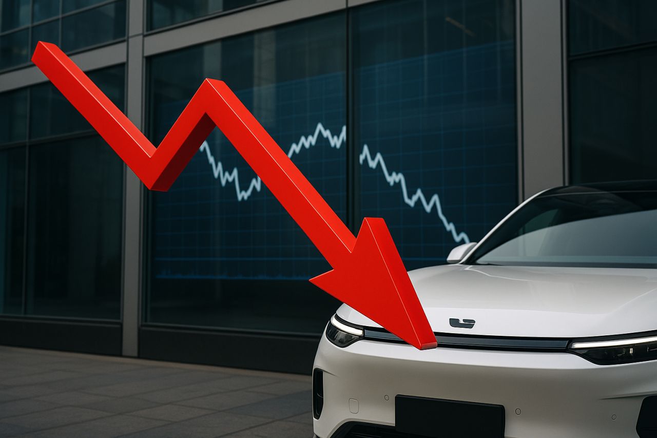 Un'automobile con il simbolo di Li Auto. Sullo sfondo un grafico finanziario e in sovrimpressione una freccia rossa verso il basso