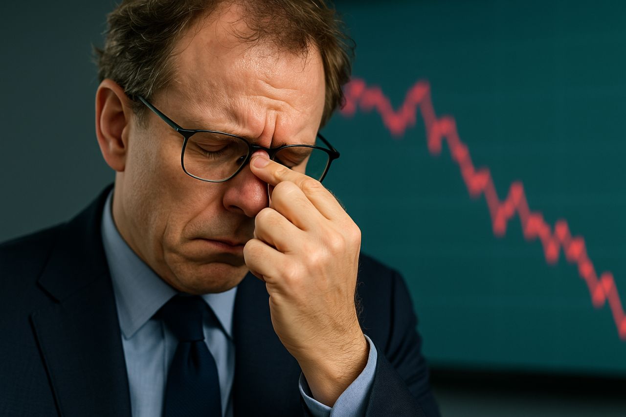 Primissimo piano di un investitore con l'aria preoccupata. Sullo sfondo un grafico finanziario in discesa