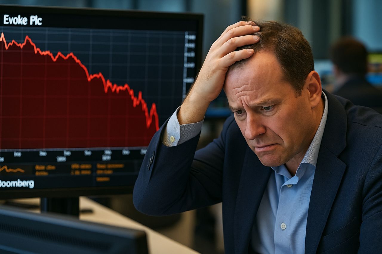 Primo piando i un investitore che osserva con apprensione alcuni dati su un foglio. Sullo sfondo un grafico finanziario in rosso