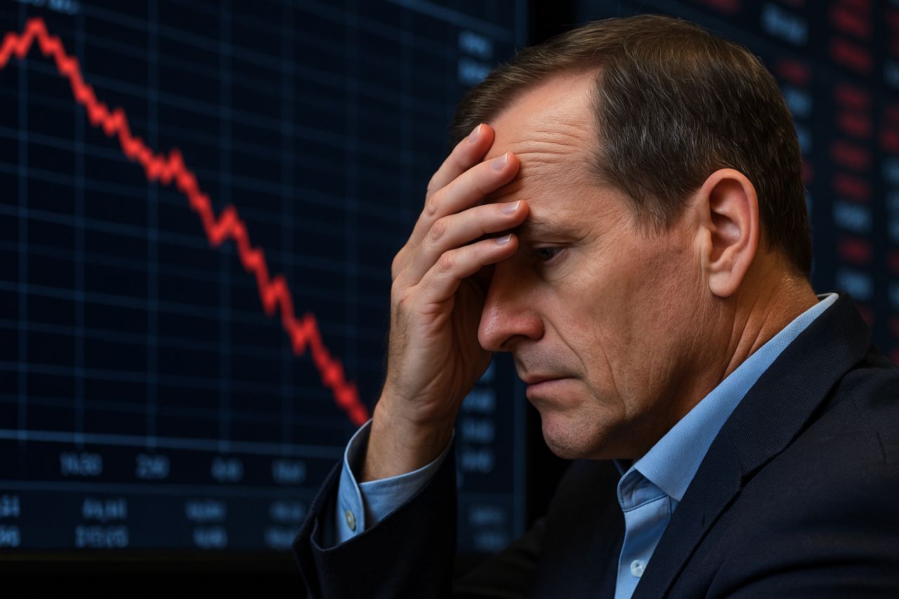 Un investitore con la mano sulla fronte e dei grafici finanziari in discesa sullo sfondo