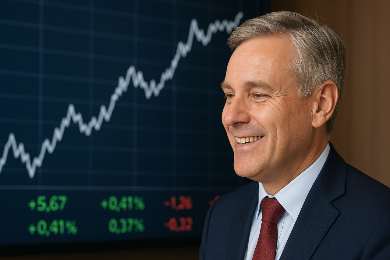 un uomo di mezza età di profilo, con un grafico finanziario sullo sfondo