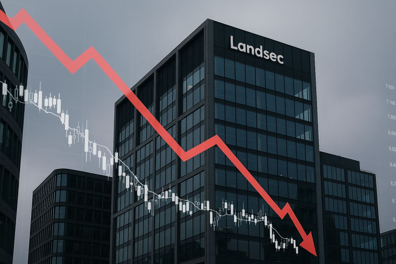 un palazzo con la scritta Landsec in cima e un grafico in sovrimpressione con una freccia rossa verso il basso