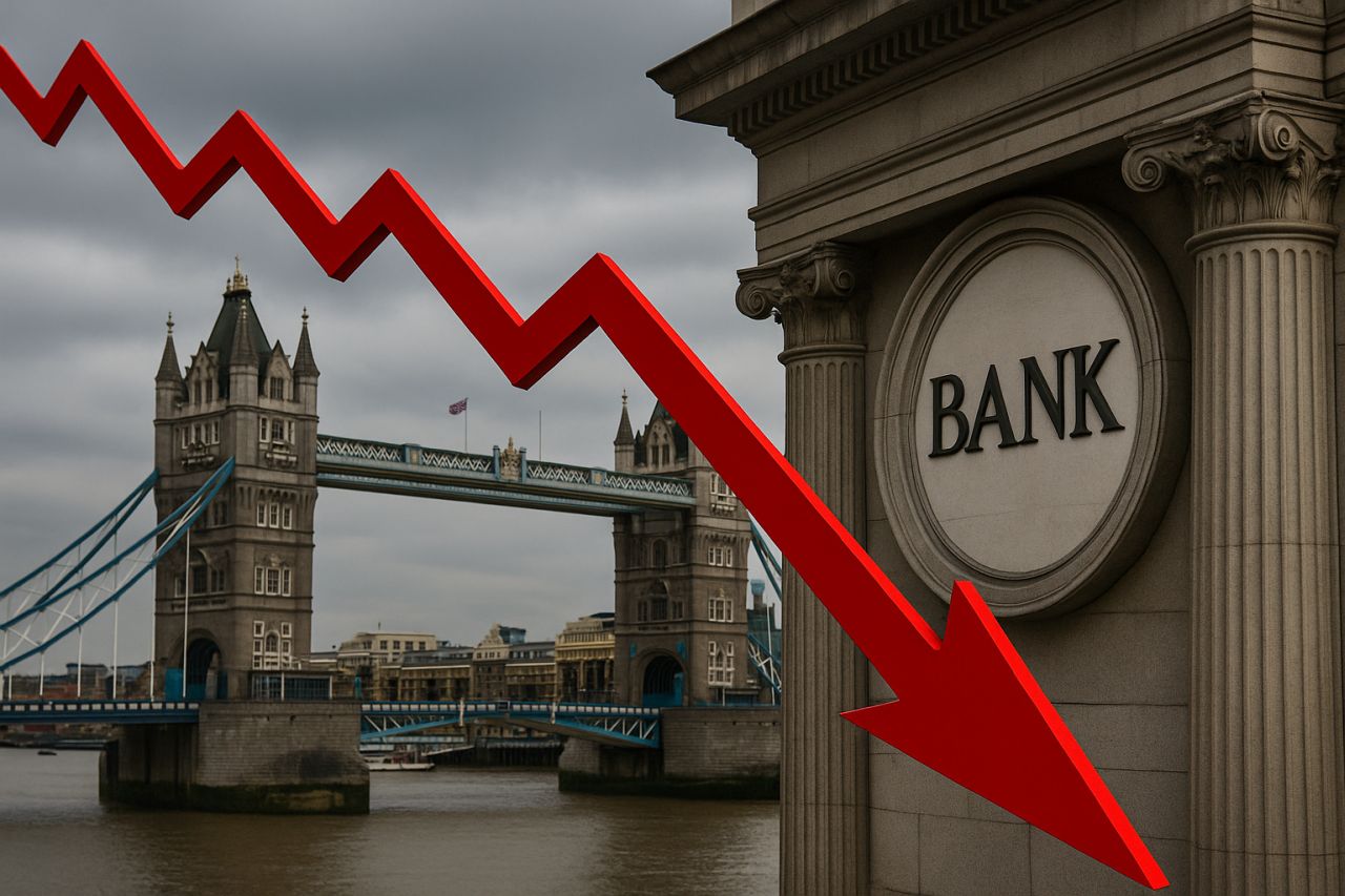 Il London Bridge e un pilastro con la scritta Bank in primo piano. In sovrimpressione una freccia rossa diretta verso il basso