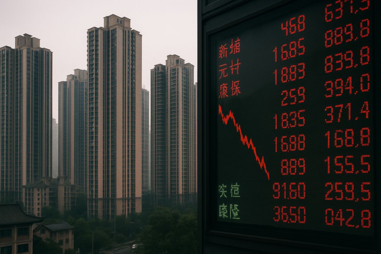 Un tabellone con l'andamento di alcuni titoli di Borsa in primo piano a destra. Sullo sfondo i grattacieli di una metropoli cinese