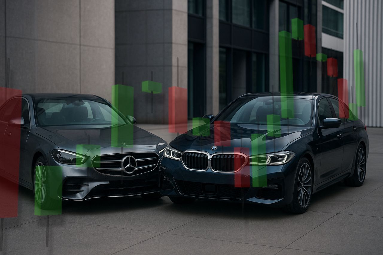 Due auto Mercedes e un grafico a candele in sovrimpressione