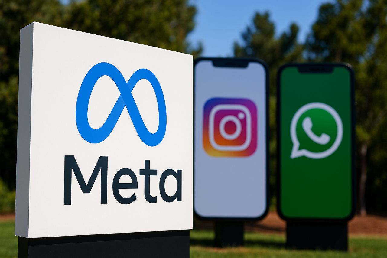 Logo e scritta Meta in primo piano. Sullo sfondo i loghi di Instagram e Whatsapp sugli schermi di dispositivi mobili