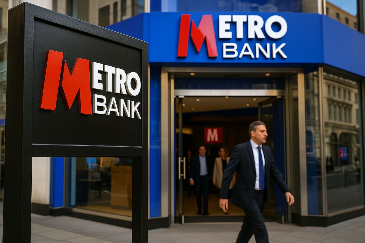 scritta Metro Bank su un totem pubblicitario vicino a un edificio con la stessa scritta sull'entrata