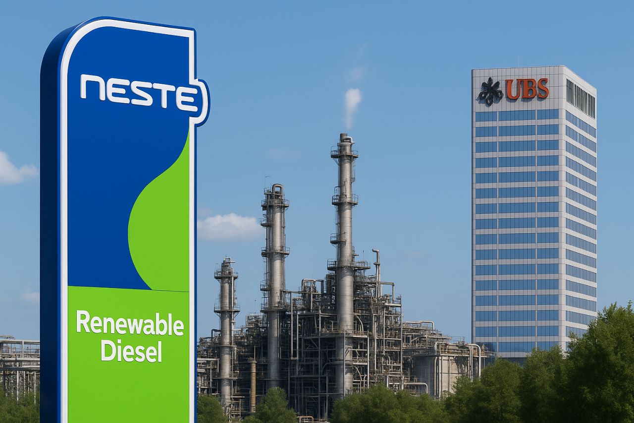 Un totem pubblicitario con la scritta Neste. Sullo sfondo un polo industriale e un grattacielo con la scritta UBS in cima