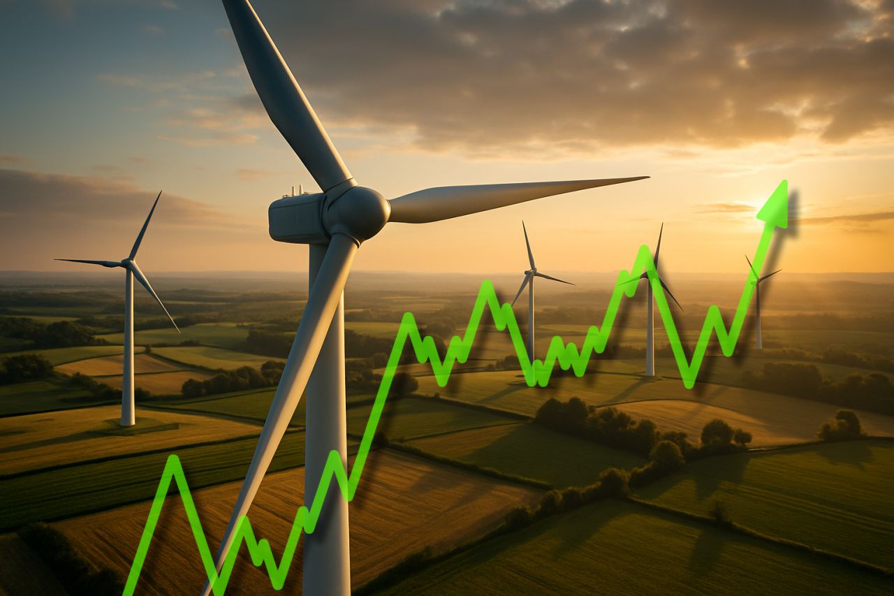 Un campo di pale eoliche visto dall'alto con un grafico in crescita in sovrimpressione