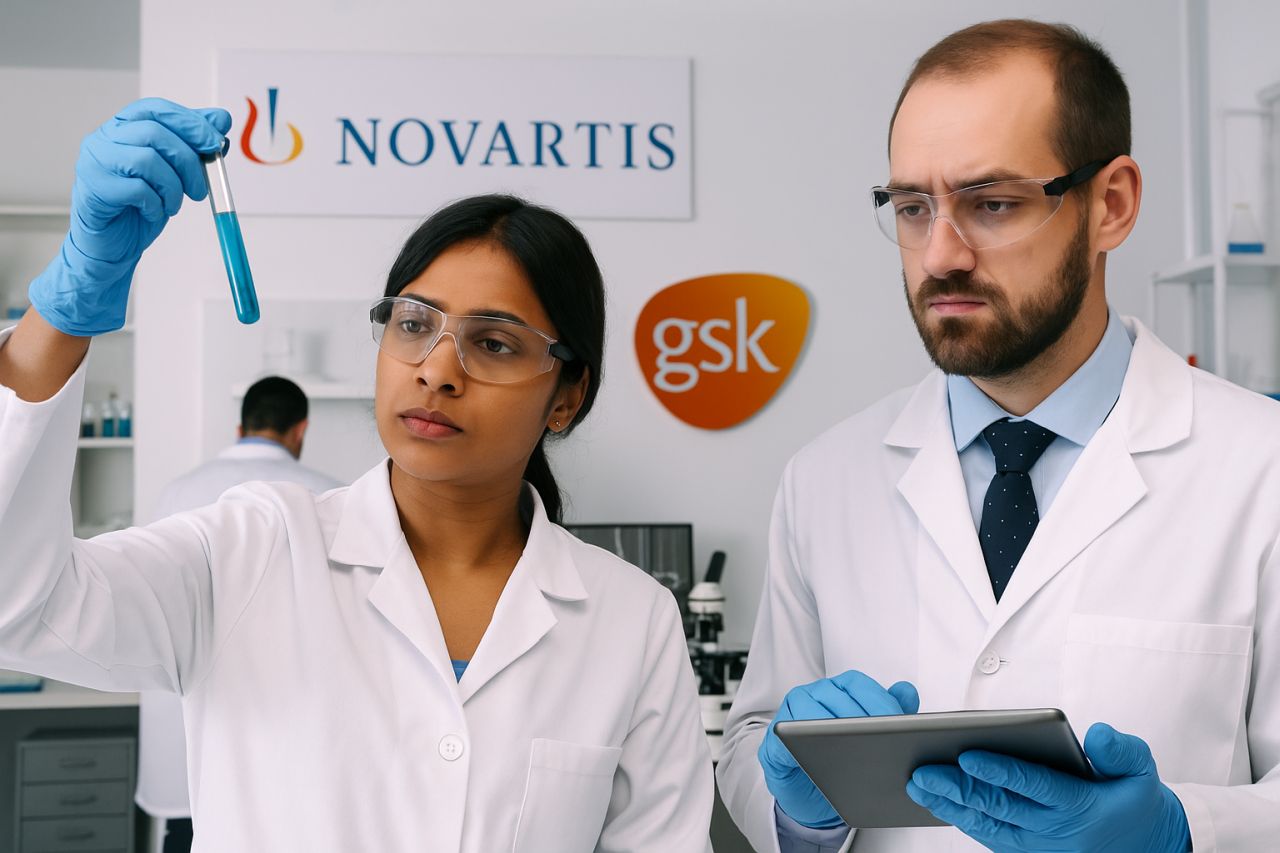 Due tecnici di laboratorio che analizzano una provetta. Sullo sfondo logo Gsk e Novartis