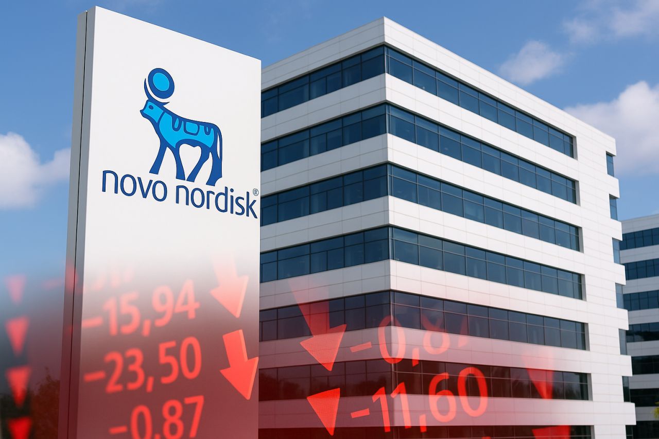 Un edificio moderno con davanti un primo piano un totem pubblicitario con logo e scritta Novo Nordisk