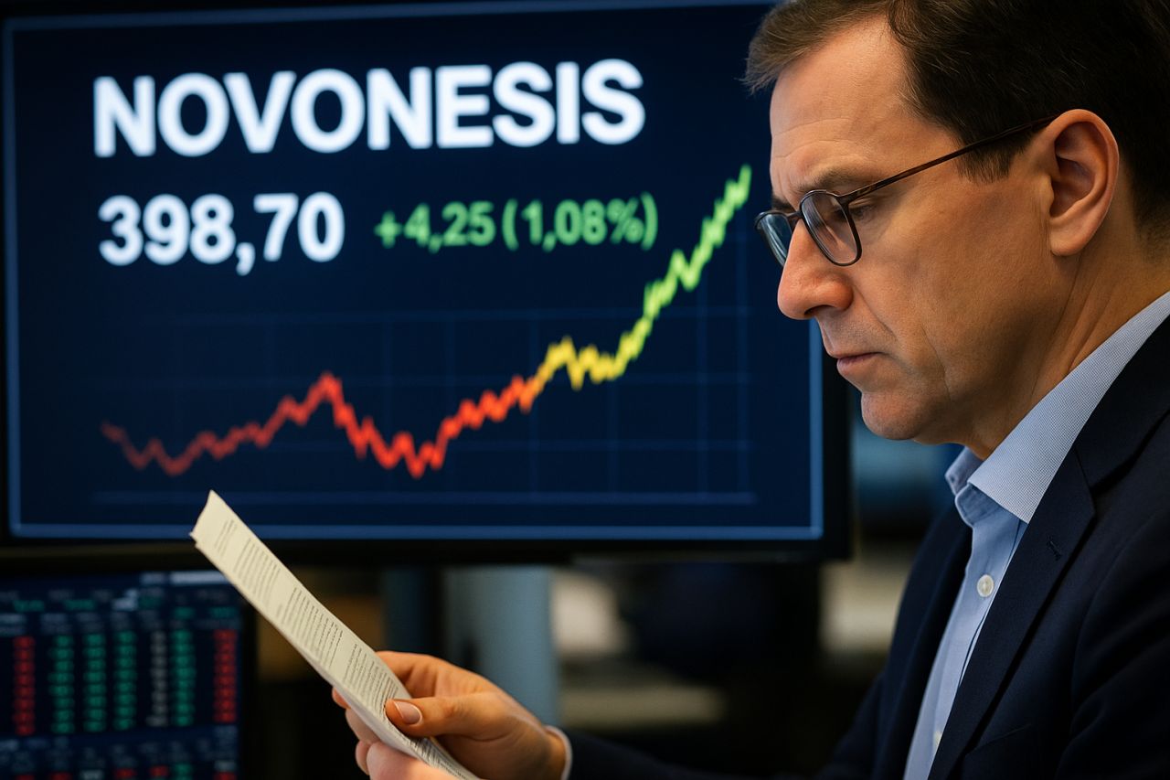 Un investitore che osserva un foglio che ha in mano. Sullo sfondo un grafico finanziario su un maxischermo con la scritta Novonesis
