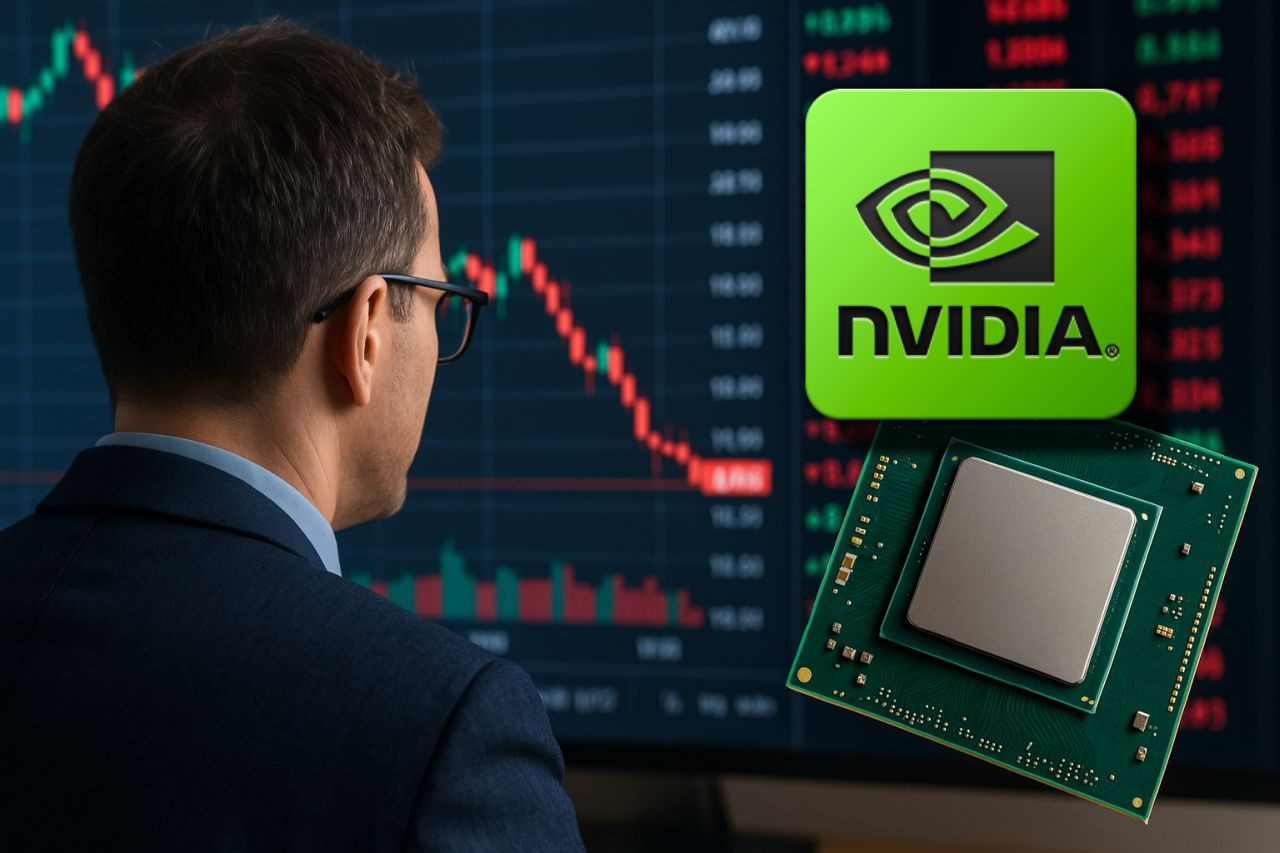un uomo di spalle che osserva l'andamento di un grafico finanziario. In sovrimpressione, in alto a destra, il logo di Nvidia