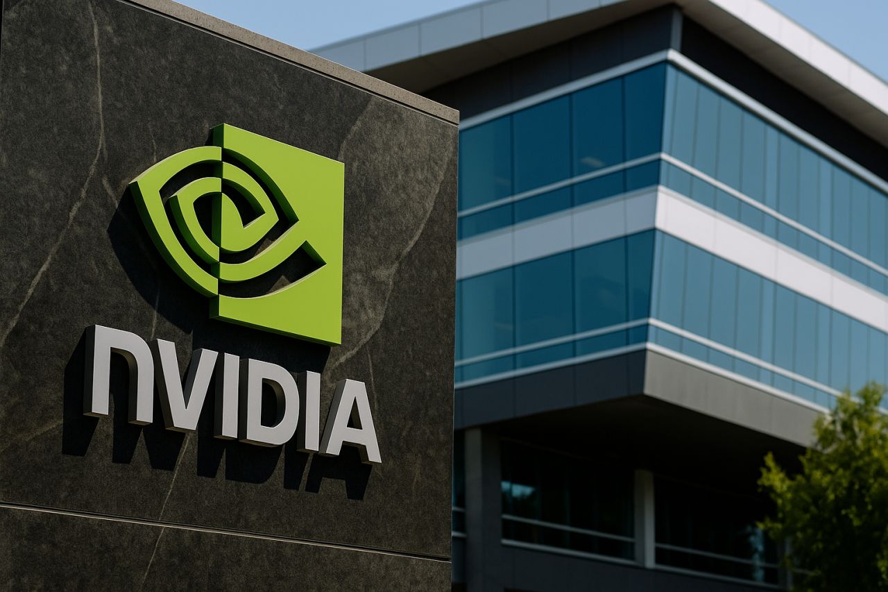 Logo e scritta Nvidia su una parete vicino a un edificio moderno