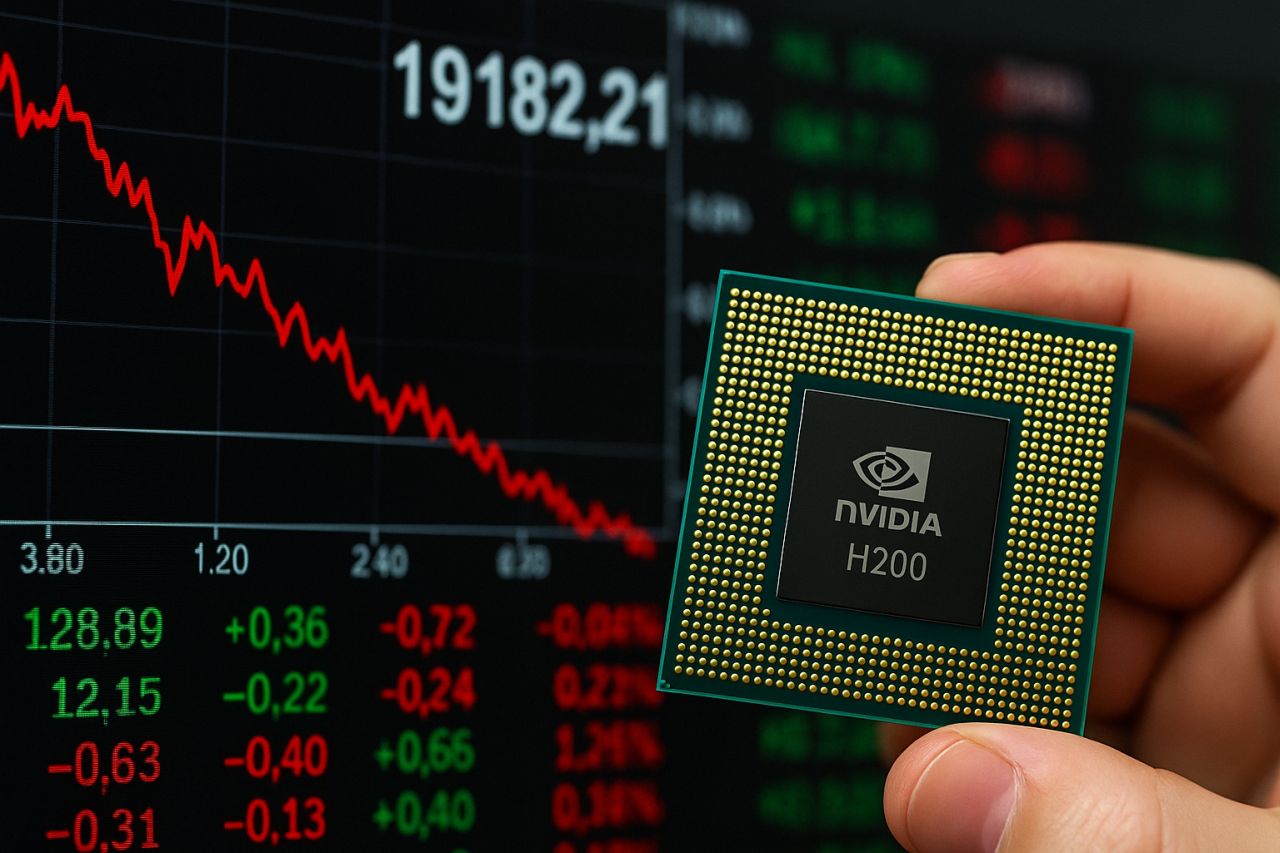 Un chip con la scritta Nvidia e un grafico finanziario sullo sfondo