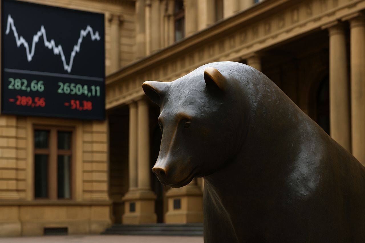 La statua di un orso con uno schermo sullo sfondo, sulla parete di un edificio storico, che mostra dei grafici finanziari