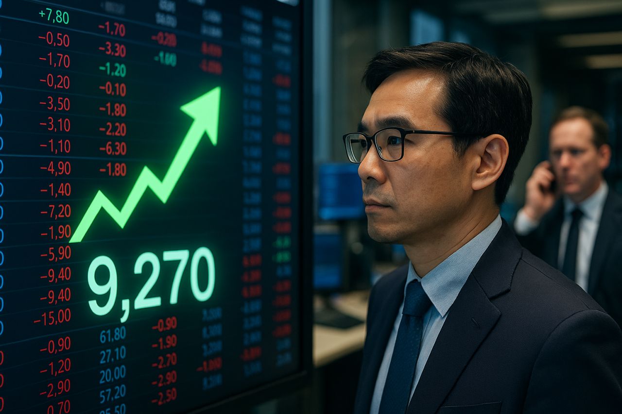 Un investitore che osserva un grafico finanziario un un maxi schermo