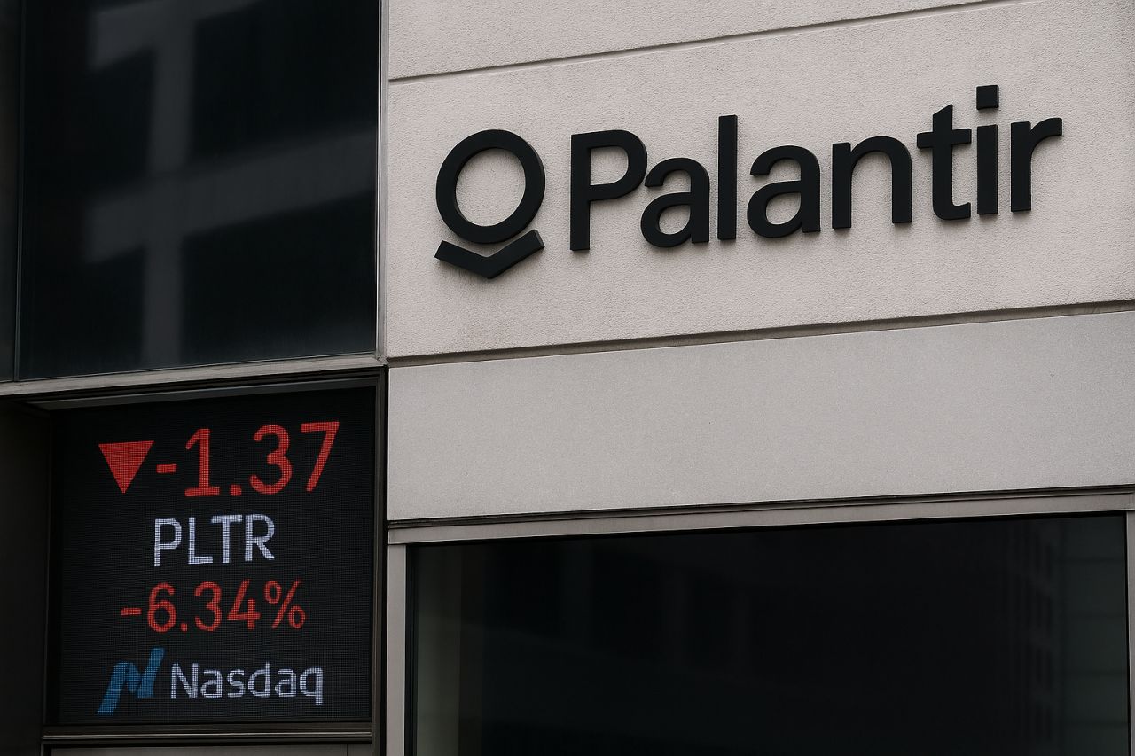 Una parete con logo e scritta Palantir