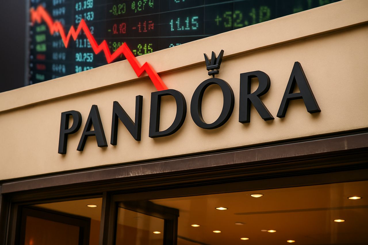 La scritta Pandora sull'ingresso di un edificio. In sovrimpressione una freccia rossa verso il basso e le cifre di un tabellone della Borsa sullo sfondo