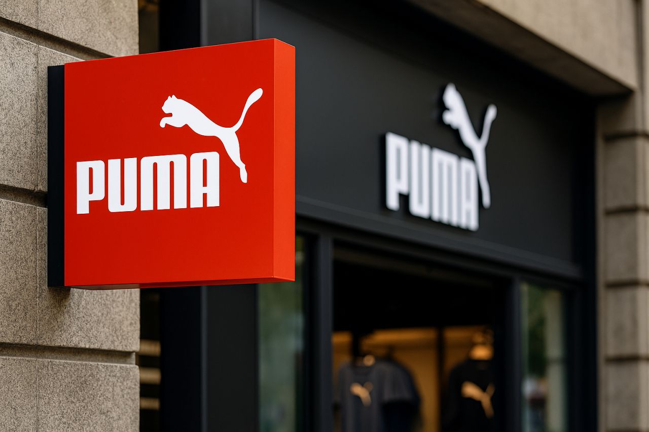 Logo Puma su insegna a bandiera e sulla vetrata d'ingresso di un punto vendita