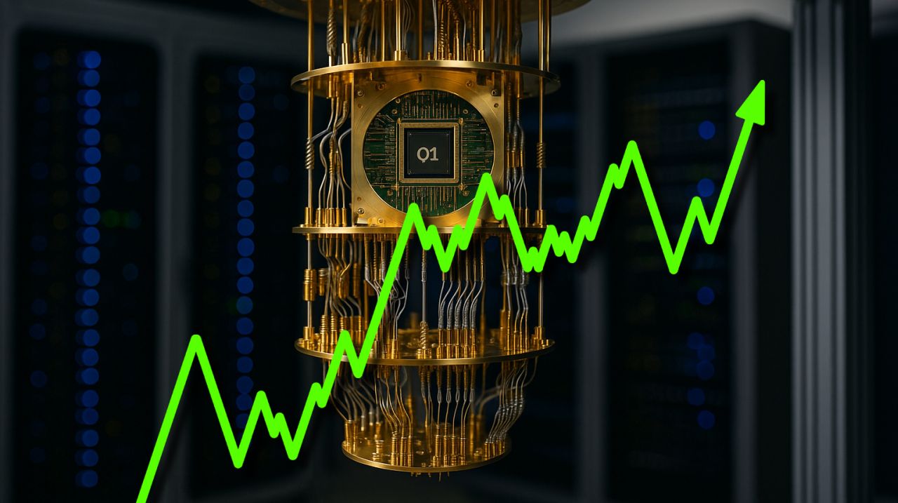 La rappresentazione di un computer quantico con la scritta Q1 al centro. In sovrimpressione una freccia verde diretta verso l'alto
