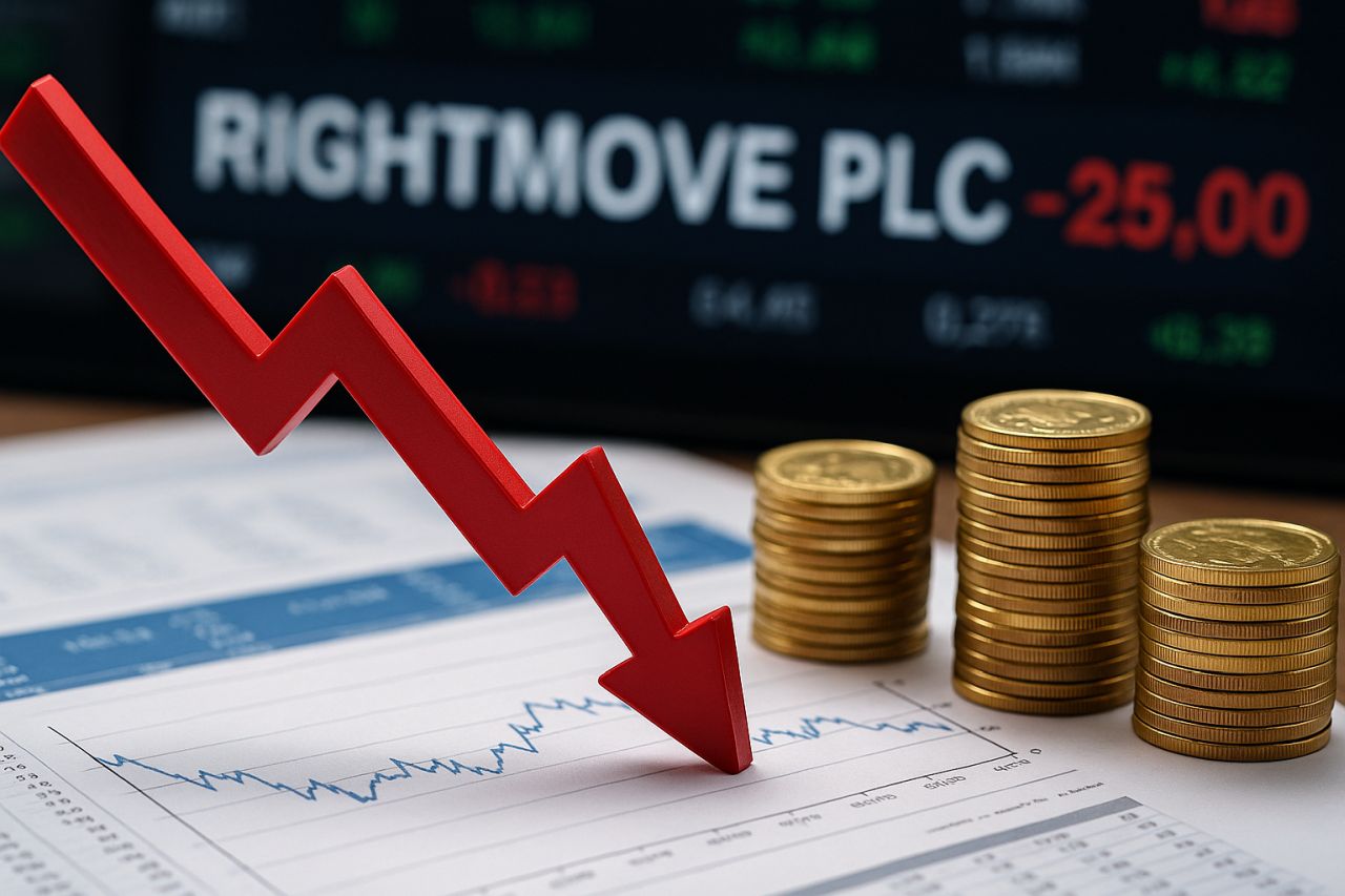 Un foglio con dei grafici e delle monetine poggiate sopra. Sullo sfondo la scritta Rightmove e una freccia rossa che punta in basso verso il foglio in primo piano