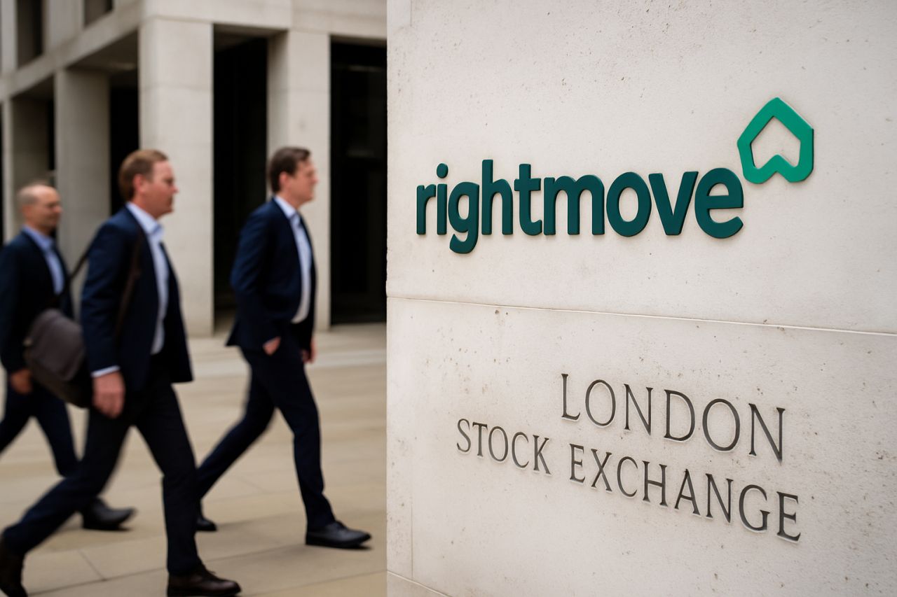 tre uomini in giacca e cravatta che camminano. Un'insegna bianca con la scritt Rightmove in primo piano sulla destra