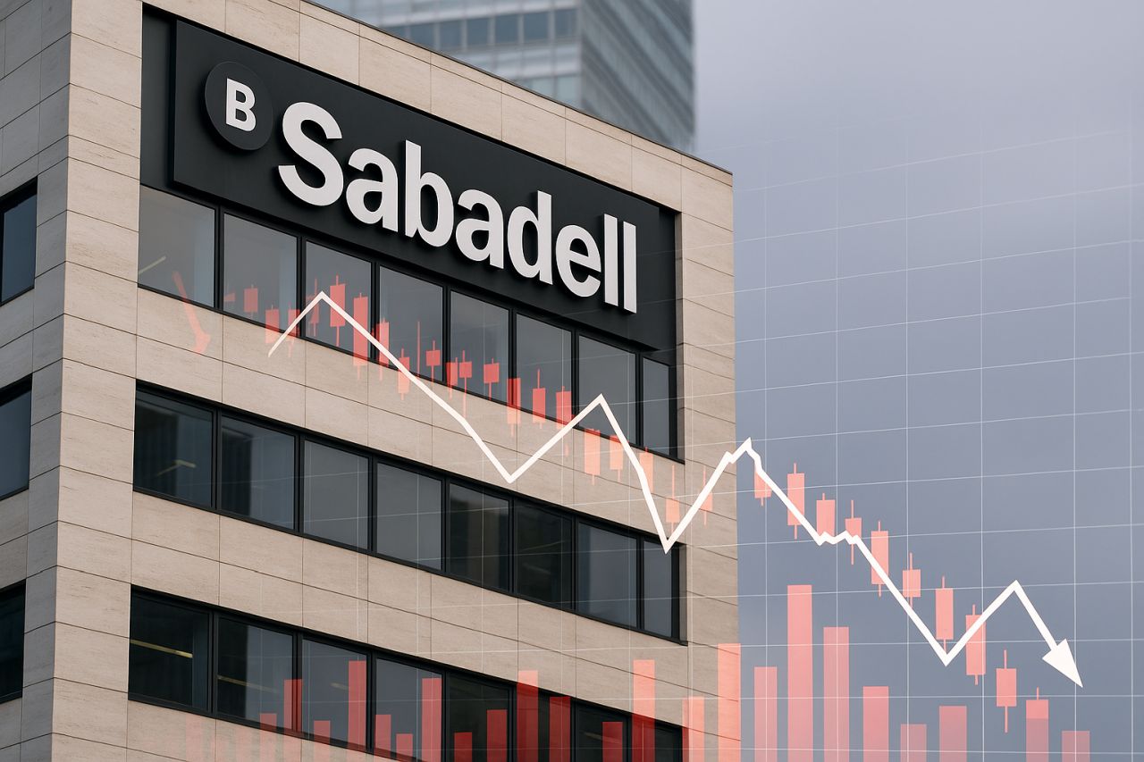 Un palazzo con la scritta Sabadell in cima. In trasparenza un grafico finanziario
