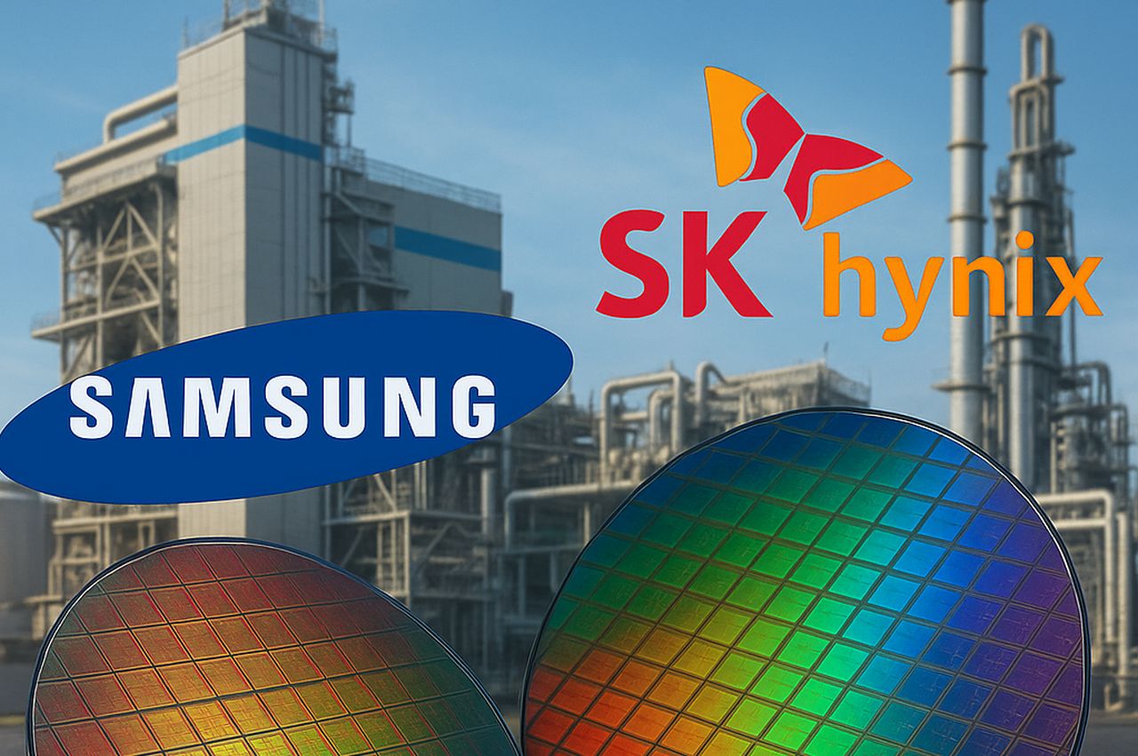 due wafer di semiconduttori appoggiati in primo piano. Una fabbrica industriale sullo sfondo e i loghi di Samsung e SK Hynix in sovrimpressione