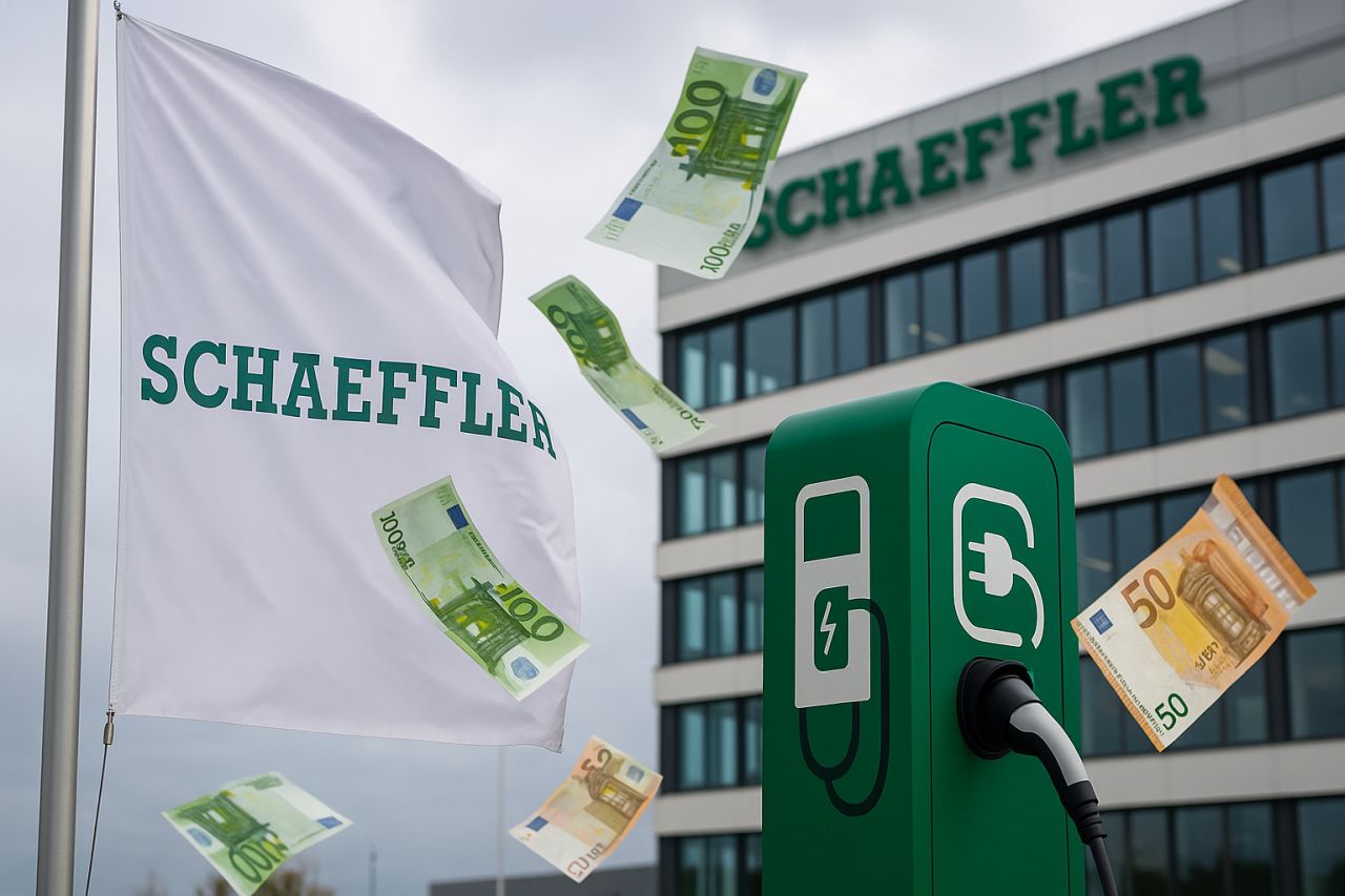 Una bandiera con la scritta Schaeffler e delle banconote in euro che piovono dal cielo. Sullo sfondo un edificio con la stessa scritta e una torretta per la ricarica delle auto elettriche