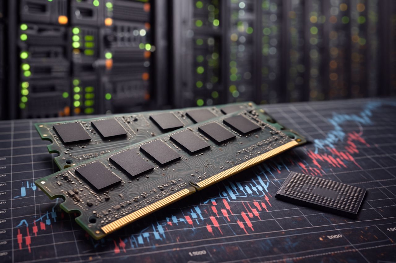 Schede di memoria poggiate su un grafico a candele