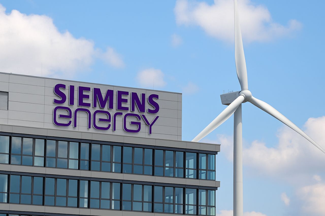 Un edificio con la scritta Siemens Energy in cima. Accanto ad esso una pala eolica