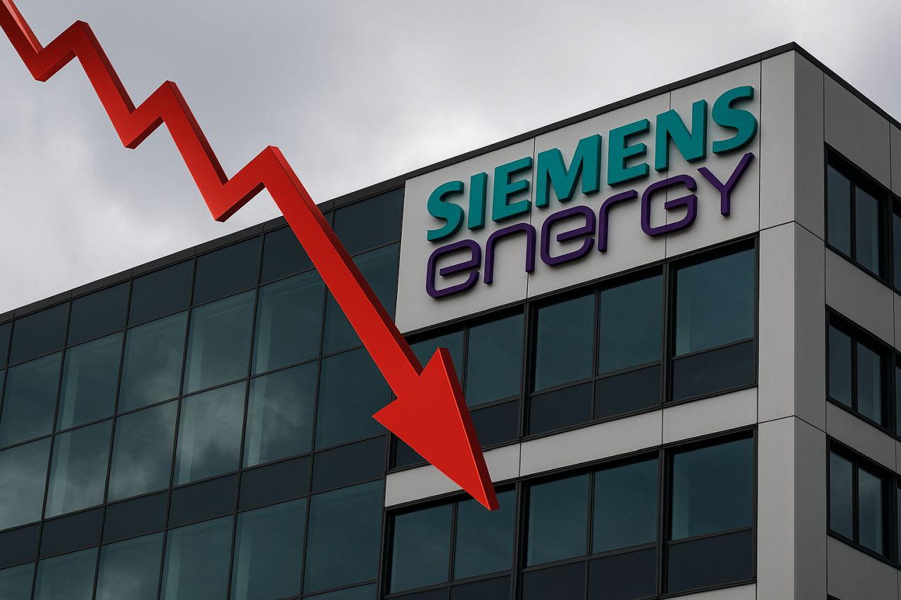 Un edificio con la scritta Siemens Energy in cima. In sovrimpressione una freccia rossa verso il basso