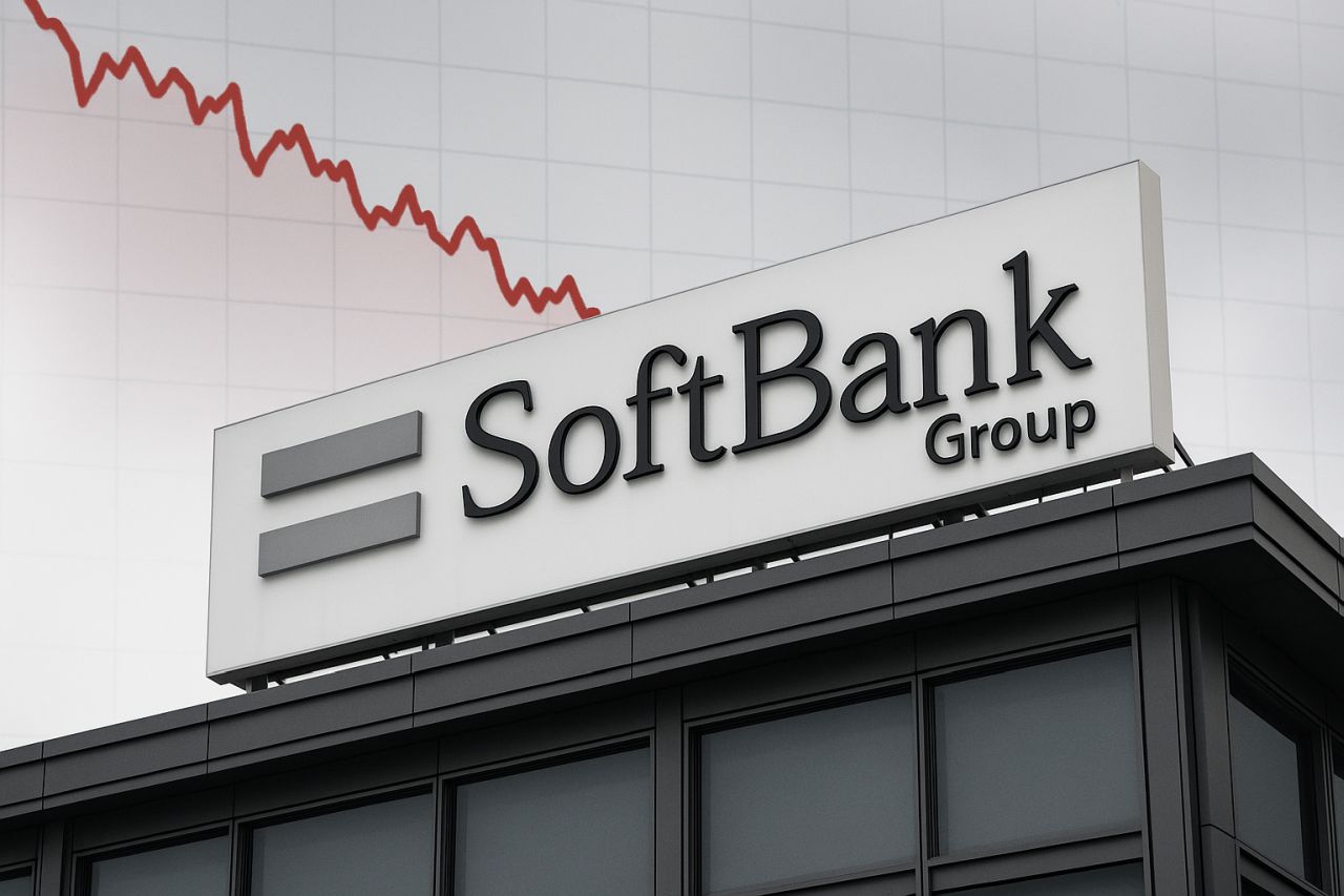 La scritta SoftBank in cima a un palazzo con un grafico finanziario in discesa sullo sfondo