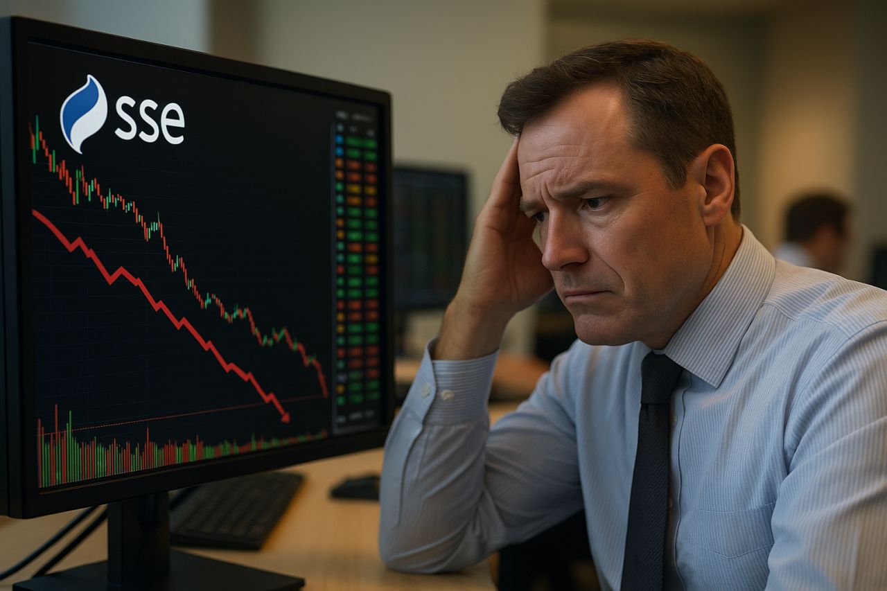 Un investitore che osserva un grafico in discesa su uno schermo su cui appare anche il logo e la scritta SSE