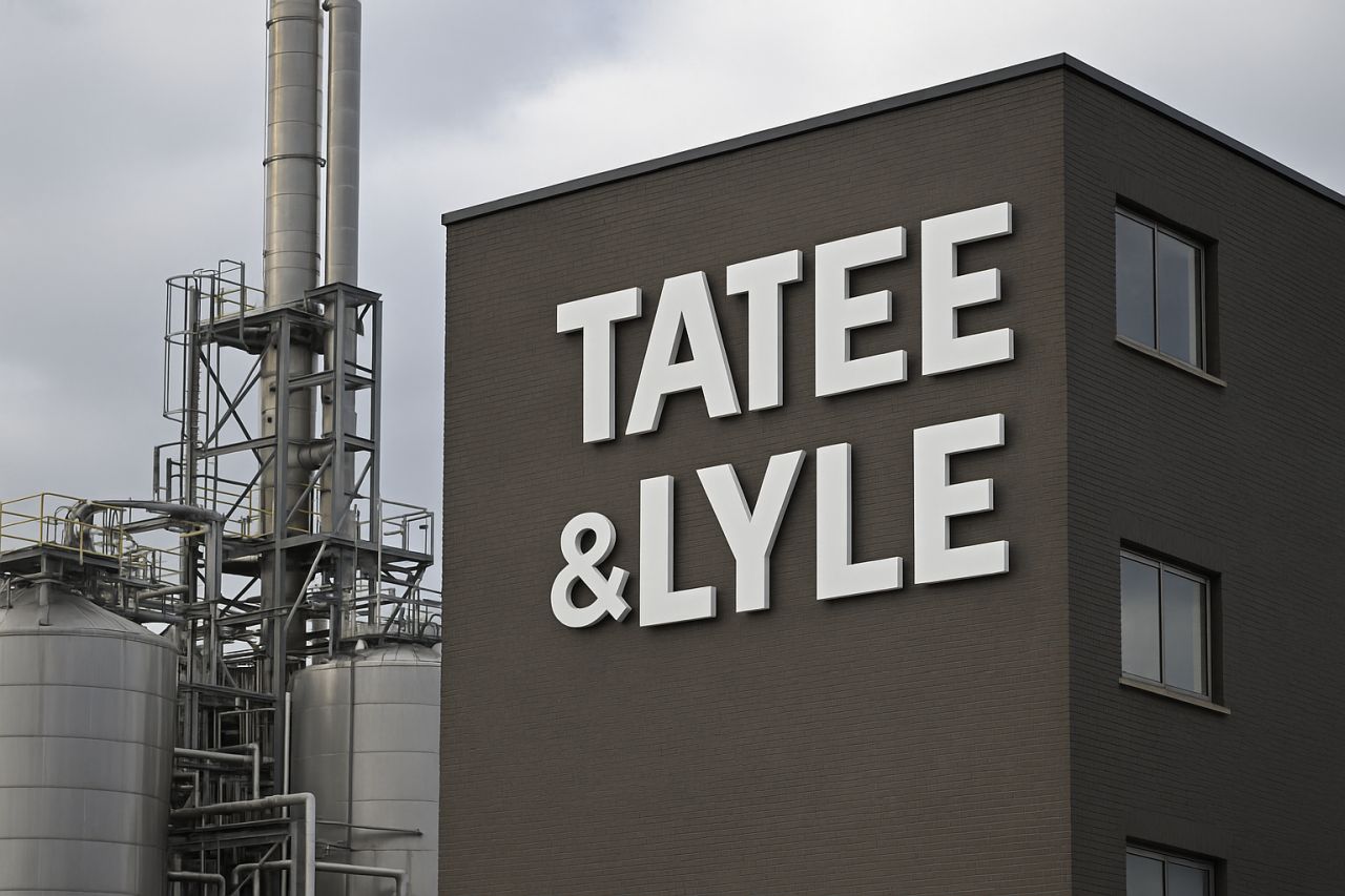La scritta Tatee&Lyle su un totem pubblicitario nei pressi di un complesso industriale